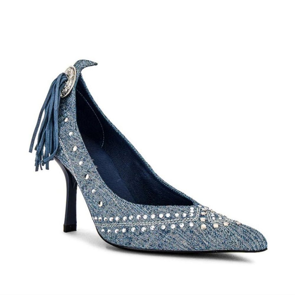 New Jeffrey Campbell cowgirl Yee Haw Heel in Blue Acid Wash Denim Blue Jean 6.5 - Picture 3 of 6